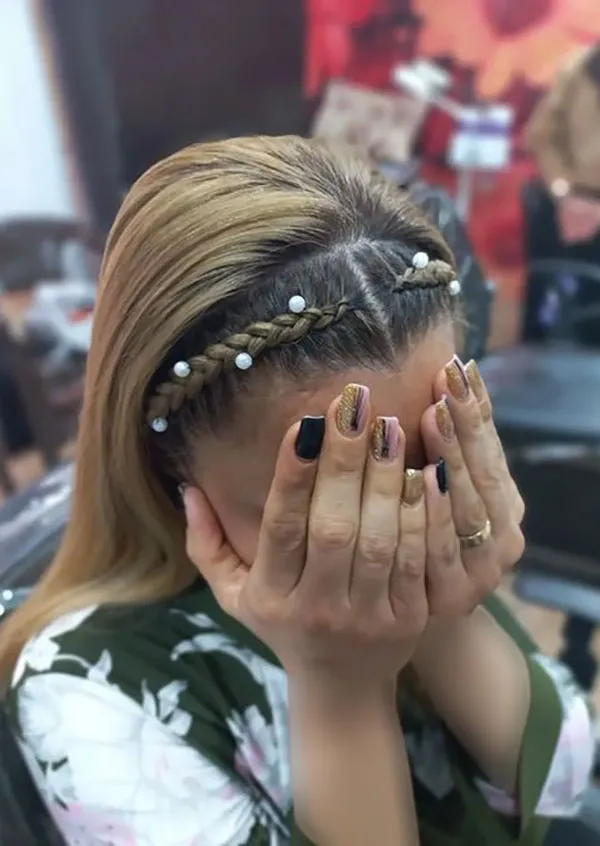 Hair weave with white pearls 18