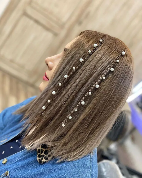 Hair weave with white pearls 19