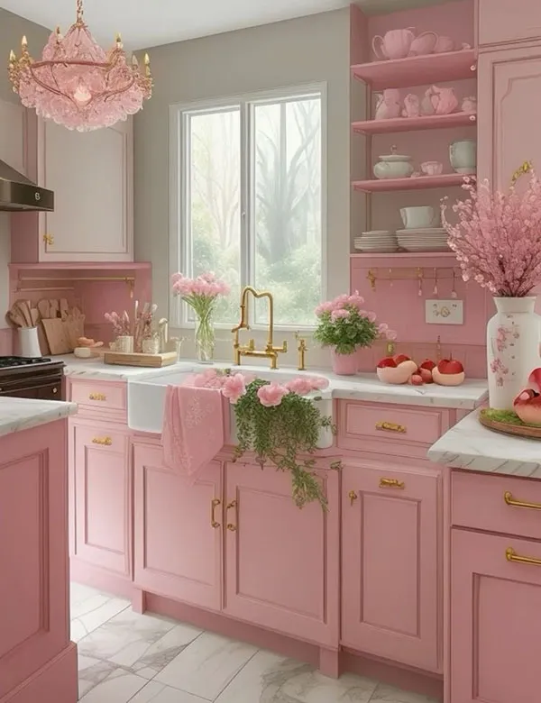 40 مدل دکوراسیون صورتی آشپزخانه کیوت؛ وقتی آشپزخونت تبدیل به یک فضای دلبرانه میشه! 21 Pink kitchen decoration 18