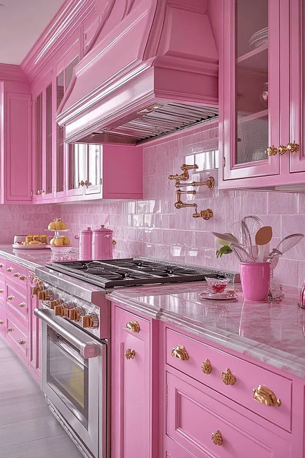 40 مدل دکوراسیون صورتی آشپزخانه کیوت؛ وقتی آشپزخونت تبدیل به یک فضای دلبرانه میشه! 35 Pink kitchen decoration 29