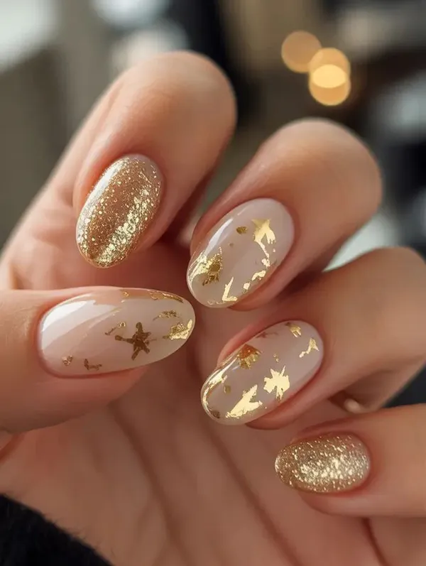 35 ایده کیوت دیزاین ناخن با ورق طلا؛ راهنمای کامل اجرای لاکچریترین ترند امسال ✨ 37 gold foil nail design diakoland 24