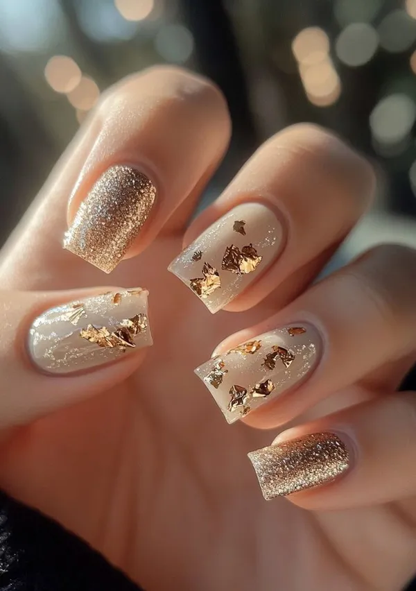 35 ایده کیوت دیزاین ناخن با ورق طلا؛ راهنمای کامل اجرای لاکچریترین ترند امسال ✨ 12 gold foil nail design diakoland 8