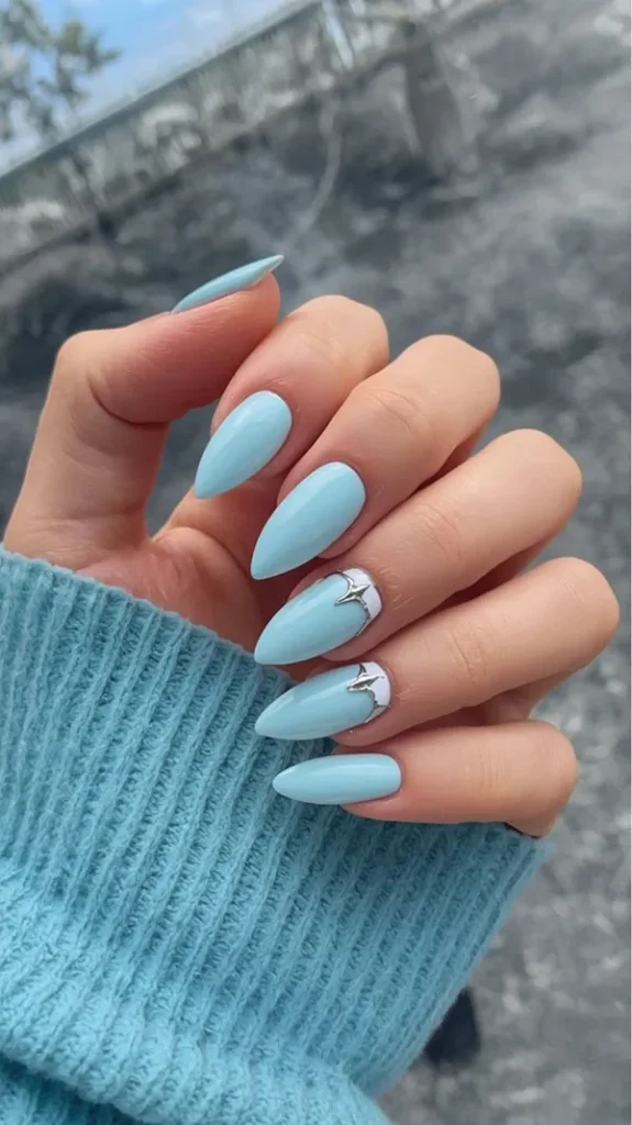 37 مدل ناخن ابی اسمانی زیبا؛ لمس آرامش روی نوک انگشتها 💙 27 Sky blue nail design 22