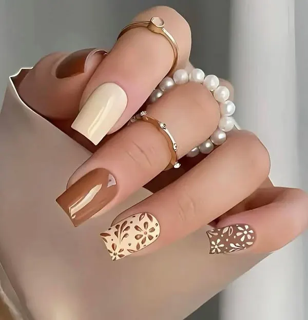 Cream brown nail design 15
