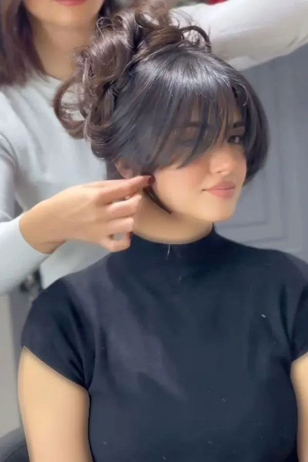 Hairstyle with bangs under the veil for school 14