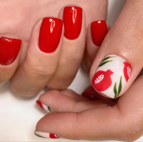 طرح ناخن یلدایی ساده؛ قرمز و شاینِ دلبر شب یلدا 1404🍉 13 Simple Yalda nail design 10