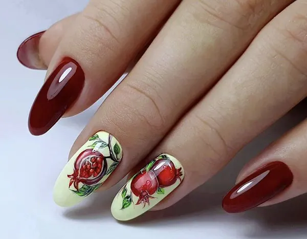 31 طرح ناخن یلدا | خالخالی هندونهای و براق، ترند شیرین شب یلدا🍉 19 Yalda nail design 16