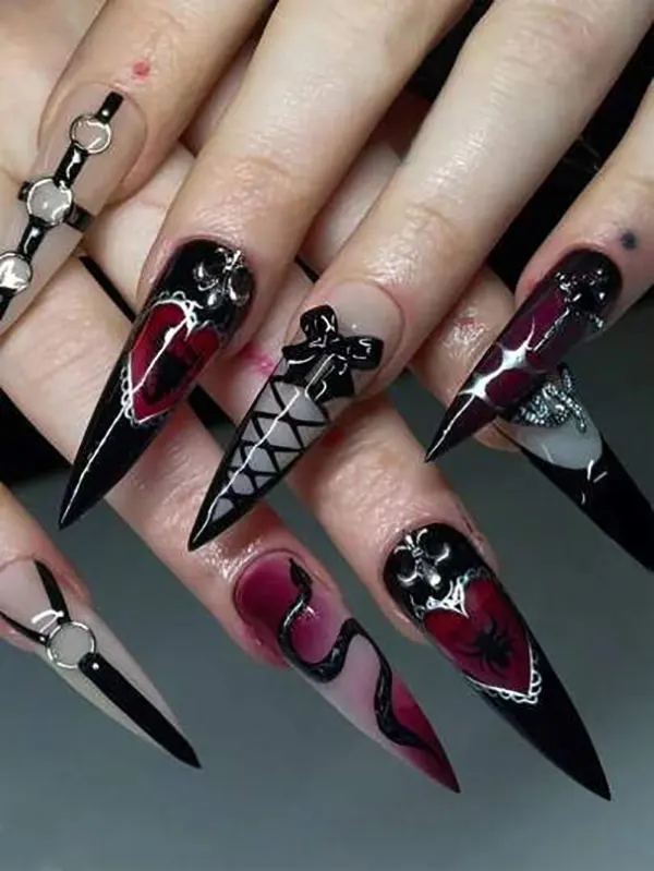 35 مدل ناخن تیز دخترانه؛ ترند خفن اینستاگرامی با استایل دراماتیک💅 28 sharp nail model 24