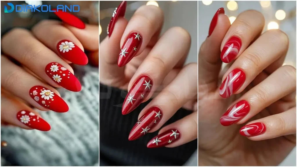 34 ایده طرح برف روی ناخن؛ دیزاین یخی و دلبر برای روزای سرد 💅❄️ 3 ناخن قرمز طرح دار