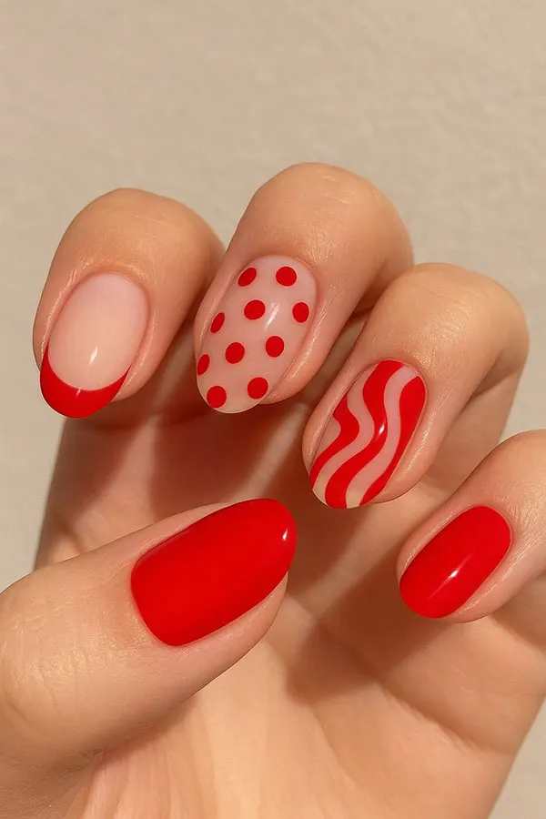 35 مدل ناخن قرمز طرح دار دخترانه؛ از مینیمال تا لاکچریِ چشمگیر! 26 Red patterned nails 25