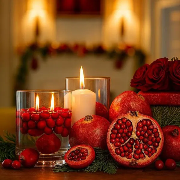 چیدمان یلدا ساده سال 1404؛ انار، شمع، رومیزی… همین کافیه 🍉❤️ 12 Simple Yalda layout 10