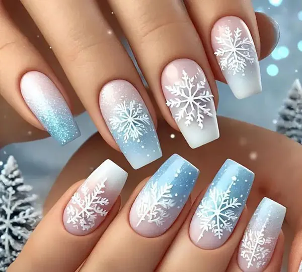 34 ایده طرح برف روی ناخن؛ دیزاین یخی و دلبر برای روزای سرد 💅❄️ 18 Snow design on nails 15