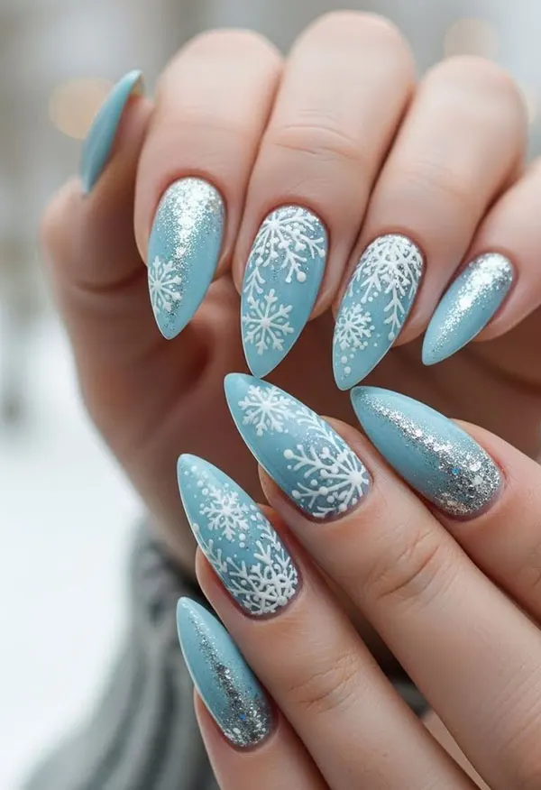 34 ایده طرح برف روی ناخن؛ دیزاین یخی و دلبر برای روزای سرد 💅❄️ 23 Snow design on nails 20