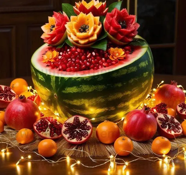ایده چیدمان میوه شب یلدا 1404 ؛ ترکیب انار و هندونه که دل میبره 🍉 4 Yalda Night Fruit Arrangement 3