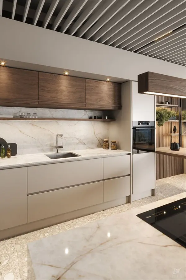 33 ایده کابینت بژ و چوب | چوب غالب یا بژ غالب؟ کدوم ترکیب برای خونت بهتره؟ 11 Beige and wood cabinets 8