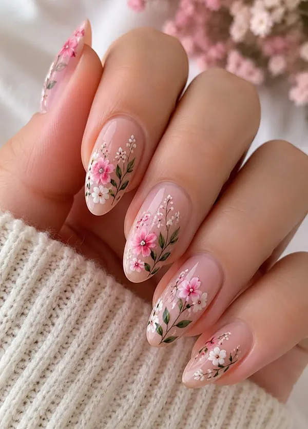 32 طرح گل روی ناخن؛ از بابونه مینیمال تا شکوفههای کرهای! 24 Floral nail art design 20