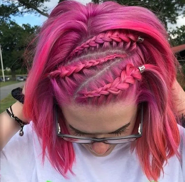 Braiding short hair with added colored hair extensions 13