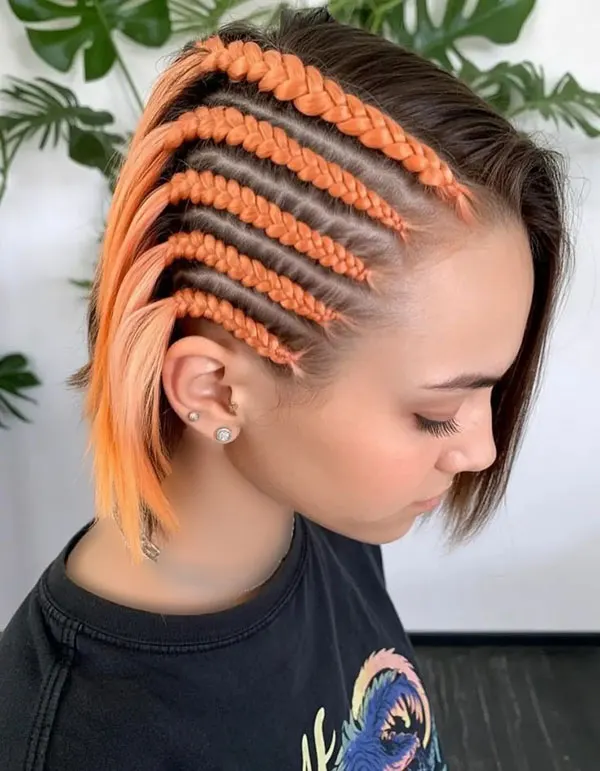 Braiding short hair with added colored hair extensions 14