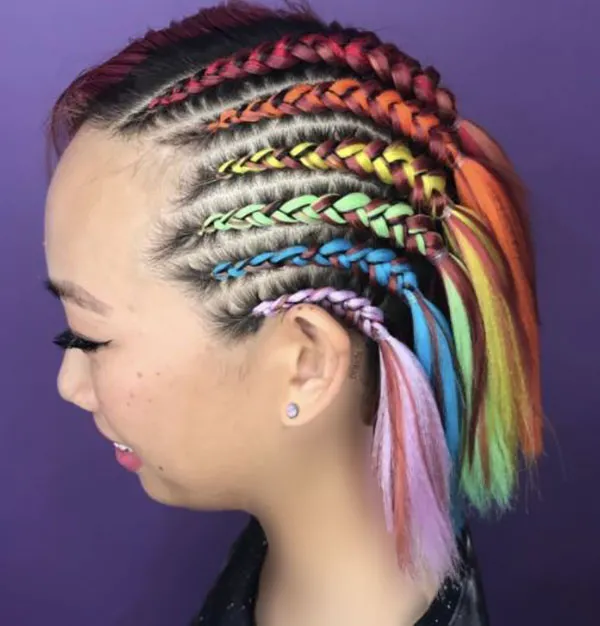 Braiding short hair with added colored hair extensions 23