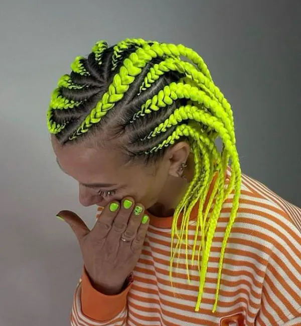 Braiding short hair with added colored hair extensions 24