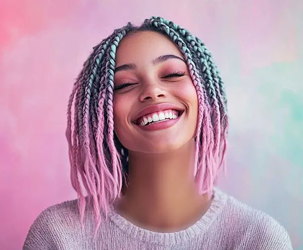 Braiding short hair with added colored hair extensions 28
