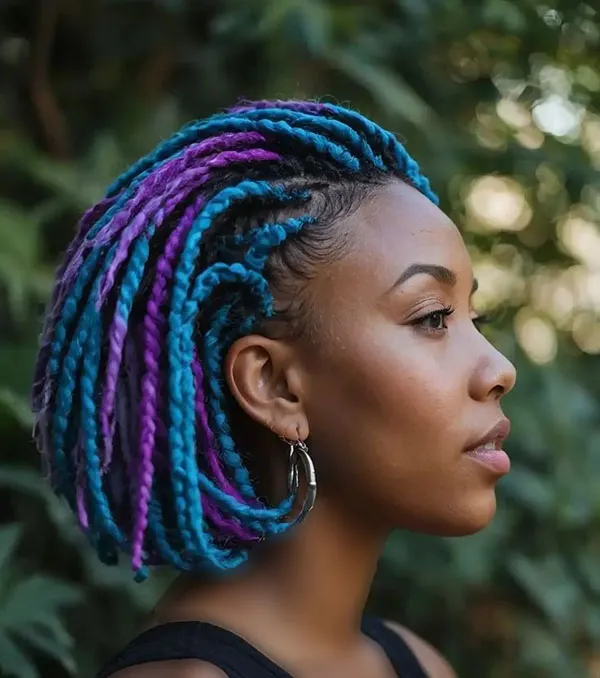 Braiding short hair with added colored hair extensions 29