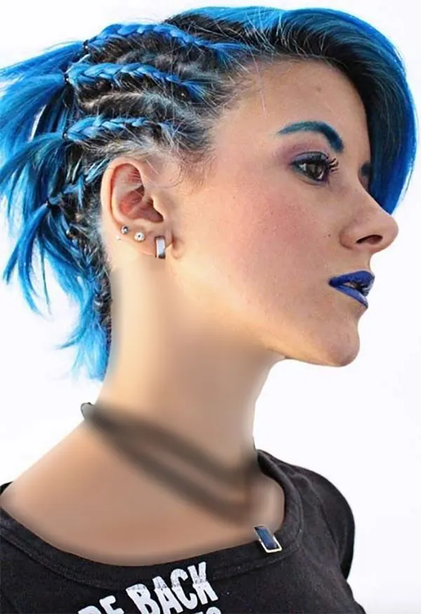 Braiding short hair with added colored hair extensions 7