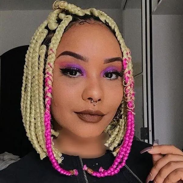 Braiding short hair with added colored hair extensions 9