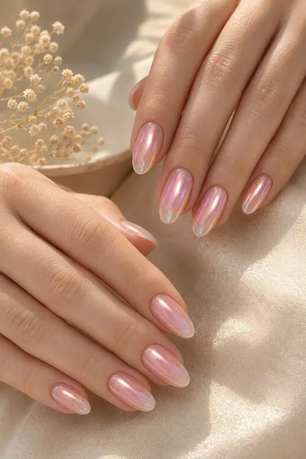 34 ایده کاشت ناخن کروم دخترانه؛ وقتی دستت زیر نور، خودش میدرخشه! 15 Chrome nail extensions 12