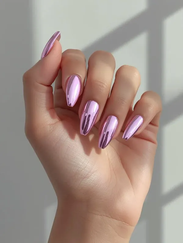 34 ایده کاشت ناخن کروم دخترانه؛ وقتی دستت زیر نور، خودش میدرخشه! 23 Chrome nail extensions 19