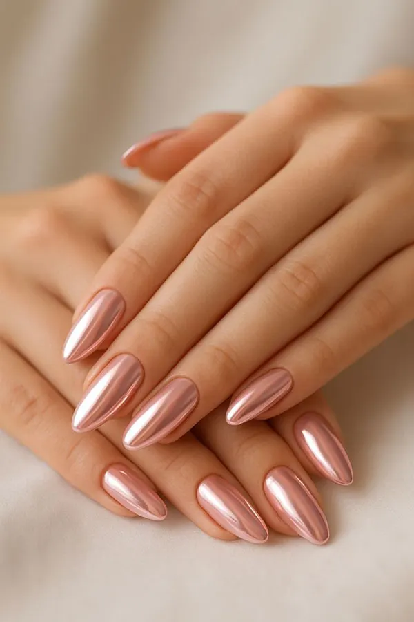 34 ایده کاشت ناخن کروم دخترانه؛ وقتی دستت زیر نور، خودش میدرخشه! 32 Chrome nail extensions 31