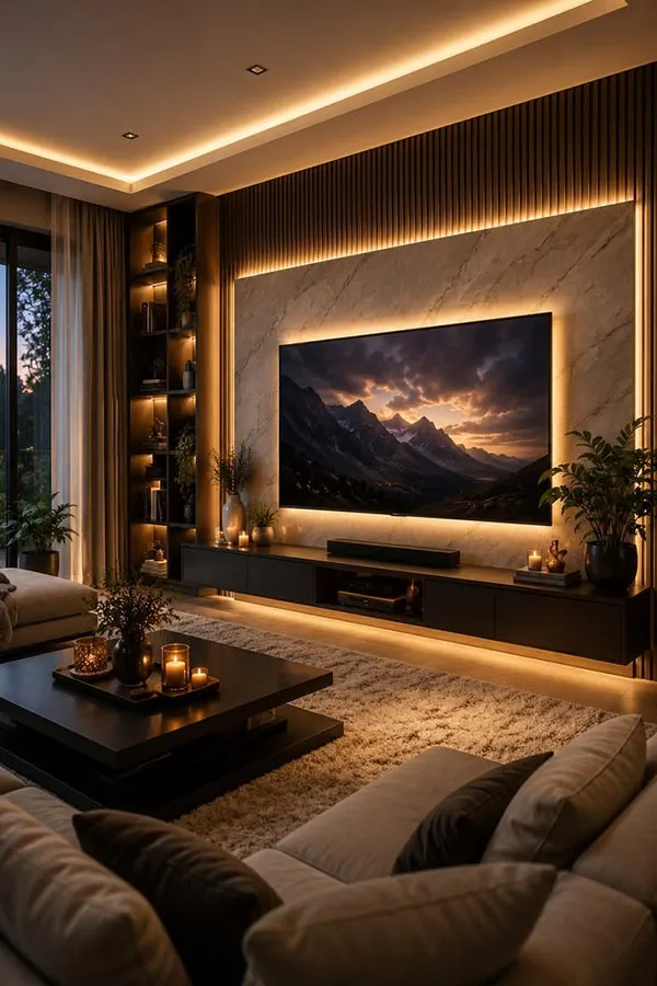Decor behind the TV with wood 11