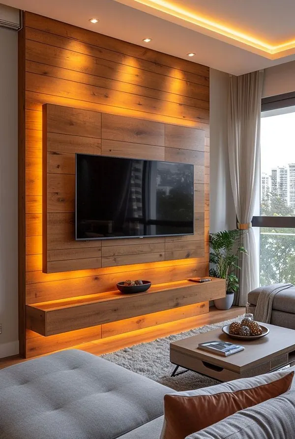 Decor behind the TV with wood 18