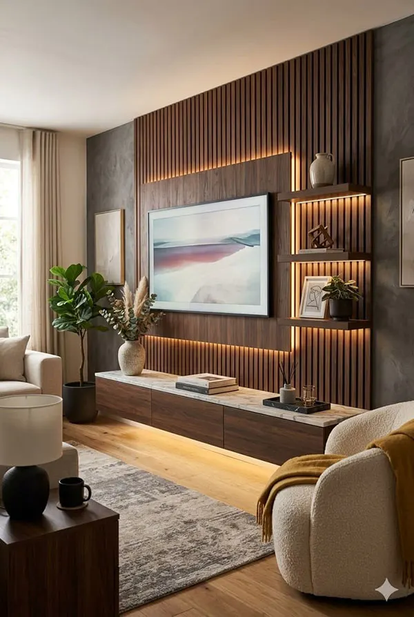 Decor behind the TV with wood 23
