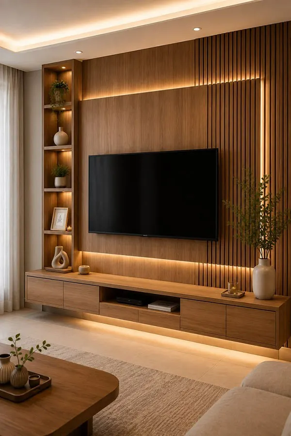Decor behind the TV with wood 27