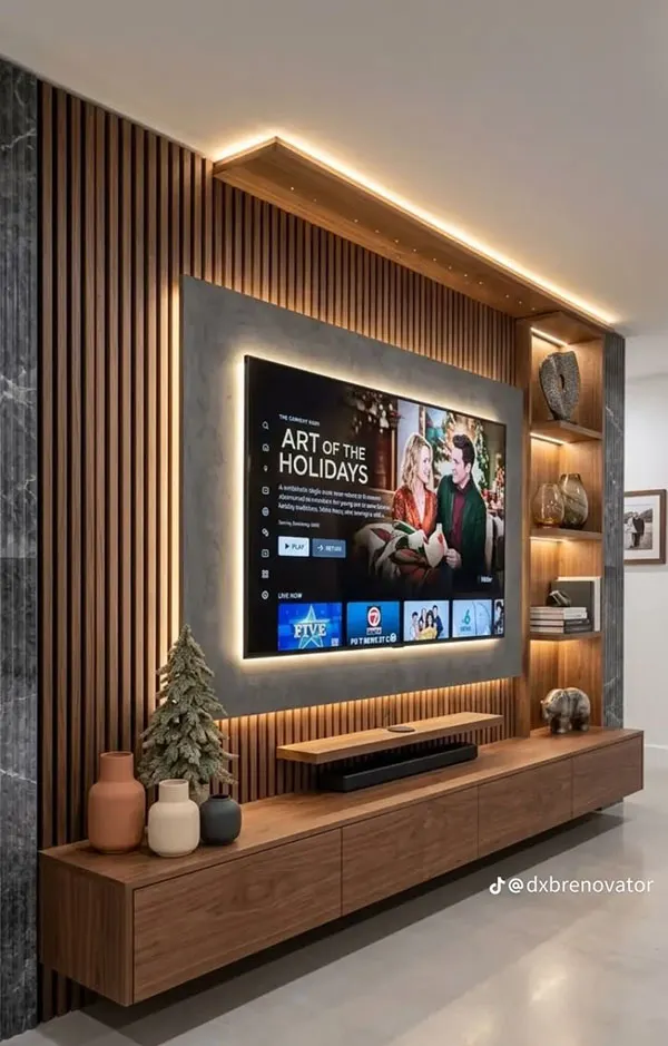 Decor behind the TV with wood 7