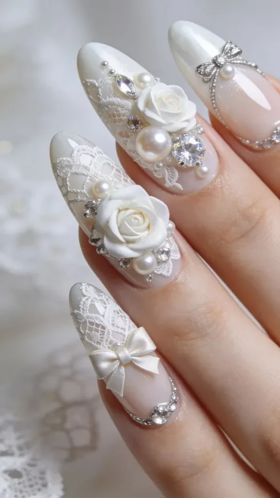32 مدل ناخن عروس سفید که برای شب عروسی فوقالعادهاند! 5 White bridal nail design 3