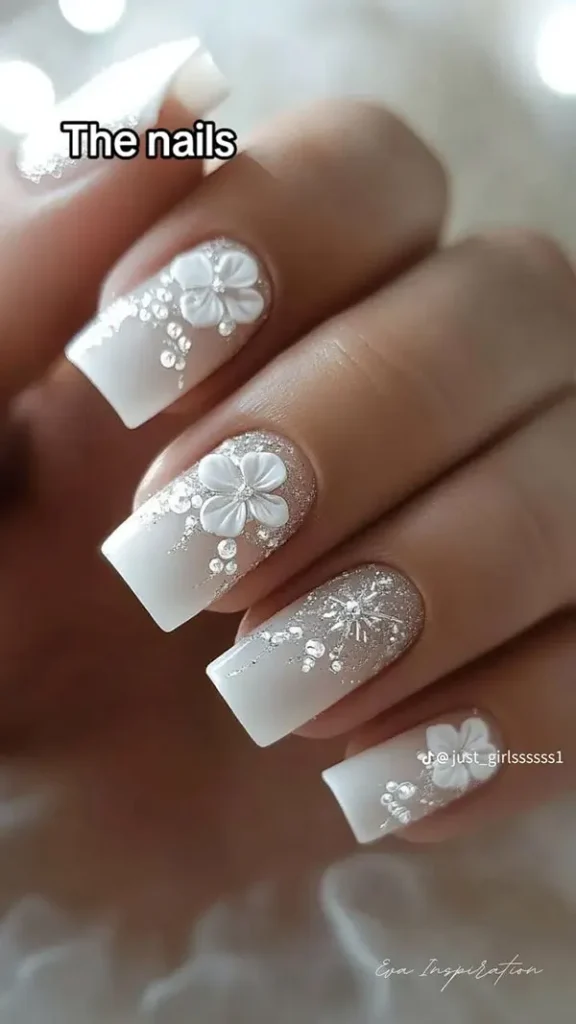 32 مدل ناخن عروس سفید که برای شب عروسی فوقالعادهاند! 29 White bridal nail design 30