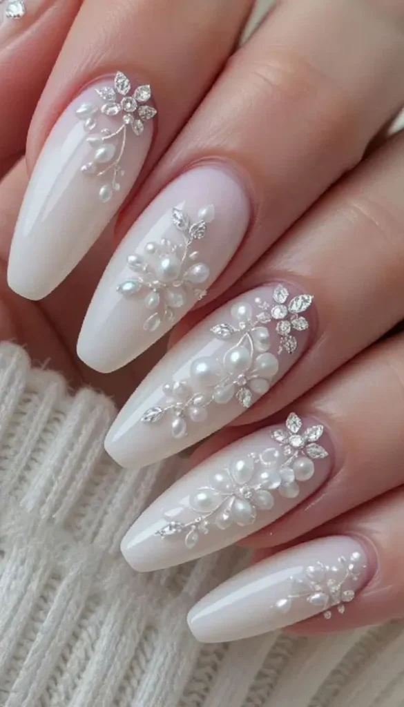 32 مدل ناخن عروس سفید که برای شب عروسی فوقالعادهاند! 9 White bridal nail design 6