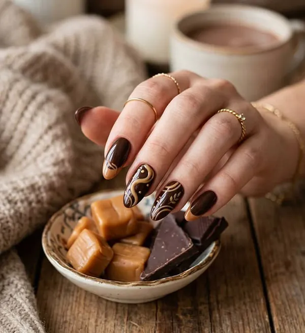 Chocolate themed nail design 24