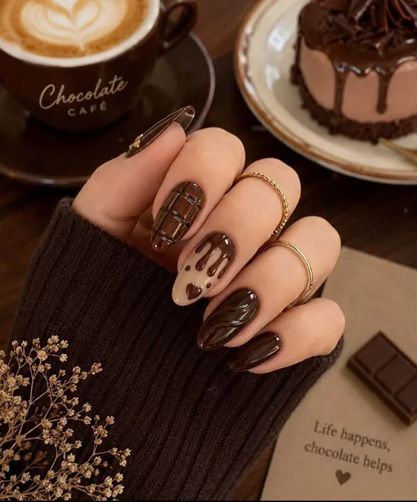 Chocolate themed nail design 9