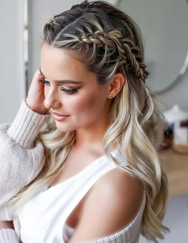 32 مدل بافت مو جلوی سر با موی باز؛ ایدههایی که با چند رشته مو کل استایل را عوض میکنند! 14 Front hair braid with loose hair 11