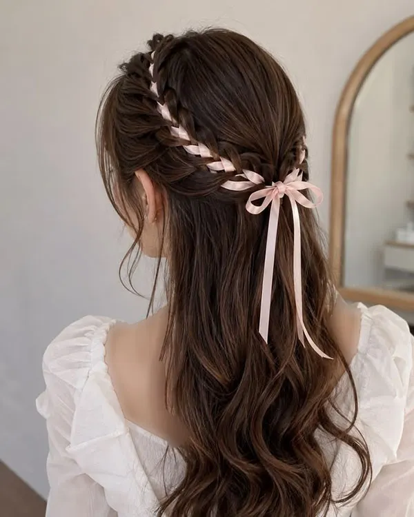 30 مدل بافت مو با روبان؛ ایدههای دخترانهای که یک بافت ساده را خاص میکنند! 5 Hair braiding with ribbon 1