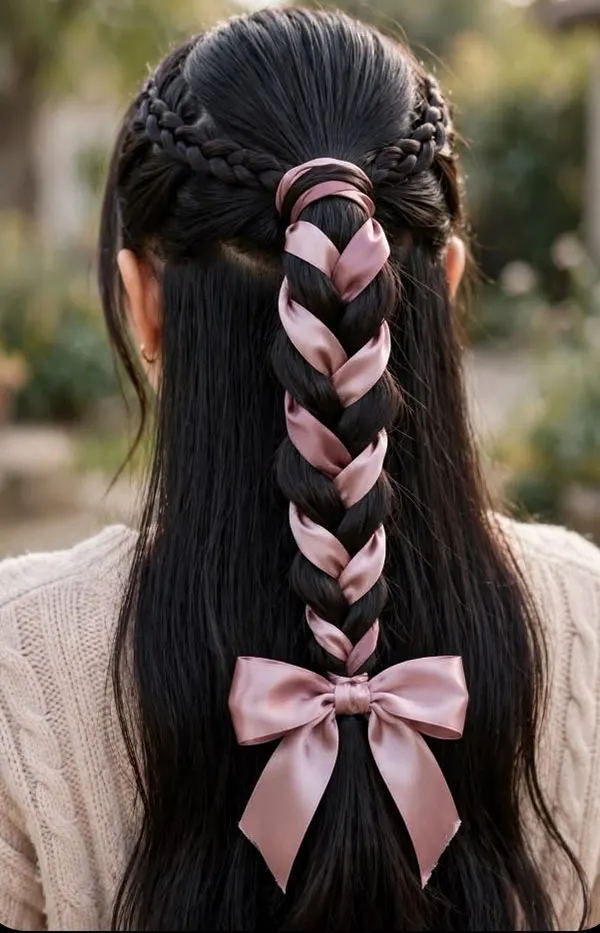 30 مدل بافت مو با روبان؛ ایدههای دخترانهای که یک بافت ساده را خاص میکنند! 11 Hair braiding with ribbon 10