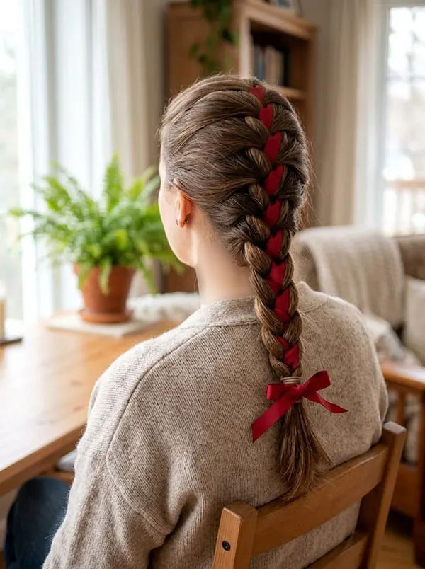 30 مدل بافت مو با روبان؛ ایدههای دخترانهای که یک بافت ساده را خاص میکنند! 16 Hair braiding with ribbon 12