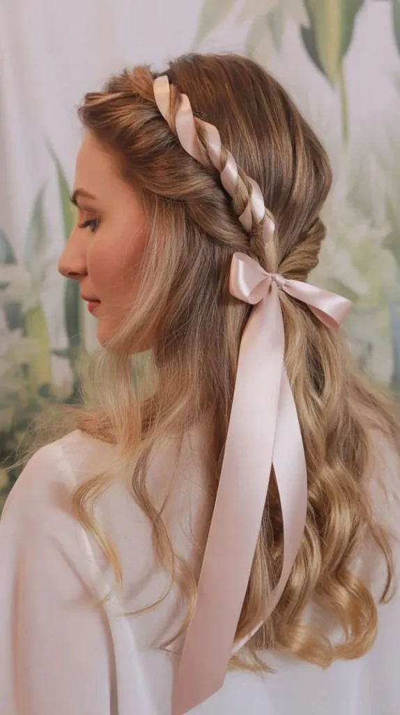 30 مدل بافت مو با روبان؛ ایدههای دخترانهای که یک بافت ساده را خاص میکنند! 17 Hair braiding with ribbon 13