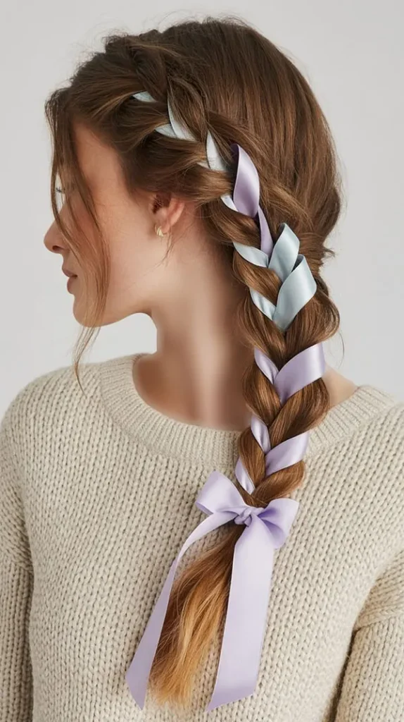 30 مدل بافت مو با روبان؛ ایدههای دخترانهای که یک بافت ساده را خاص میکنند! 14 Hair braiding with ribbon 14