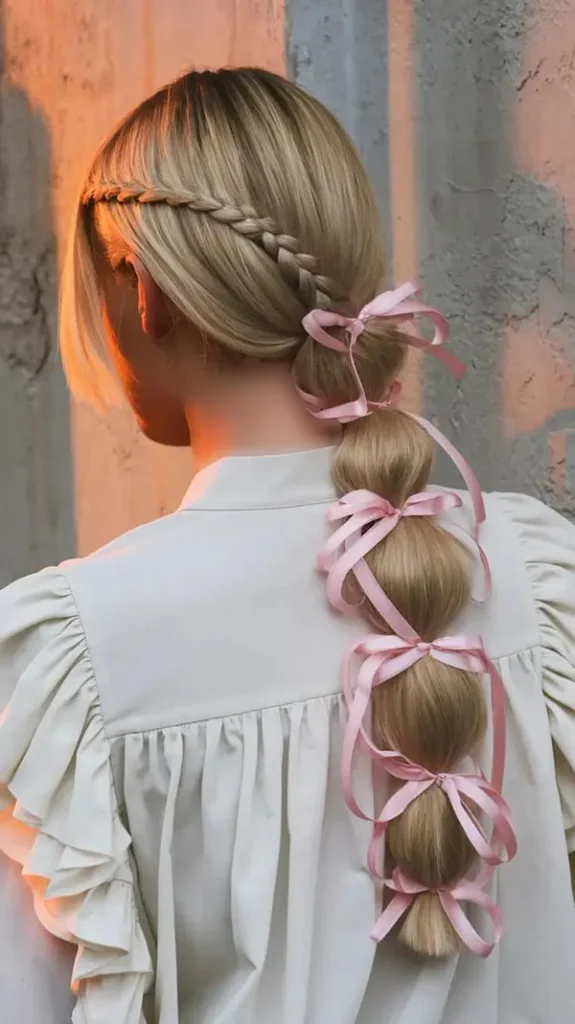 30 مدل بافت مو با روبان؛ ایدههای دخترانهای که یک بافت ساده را خاص میکنند! 6 Hair braiding with ribbon 2