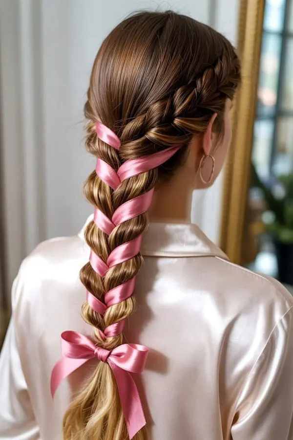 30 مدل بافت مو با روبان؛ ایدههای دخترانهای که یک بافت ساده را خاص میکنند! 9 Hair braiding with ribbon 5