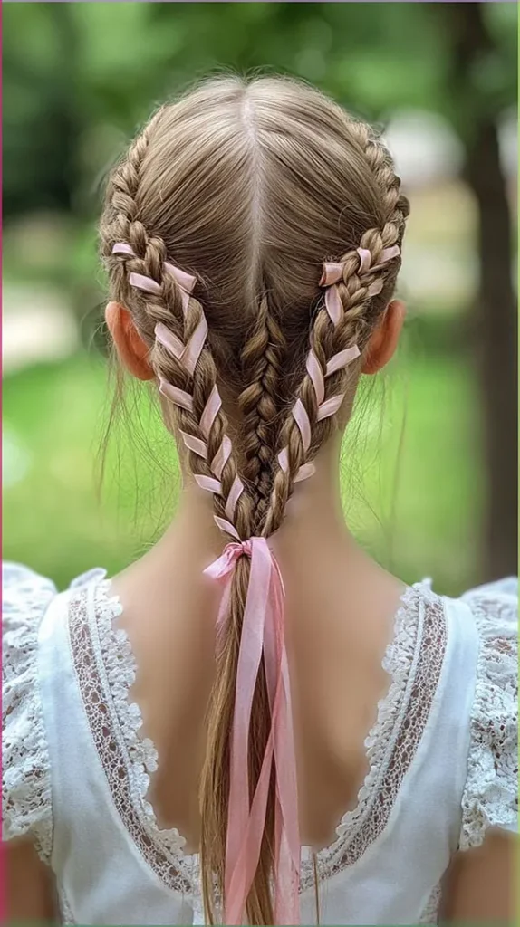 30 مدل بافت مو با روبان؛ ایدههای دخترانهای که یک بافت ساده را خاص میکنند! 10 Hair braiding with ribbon 6